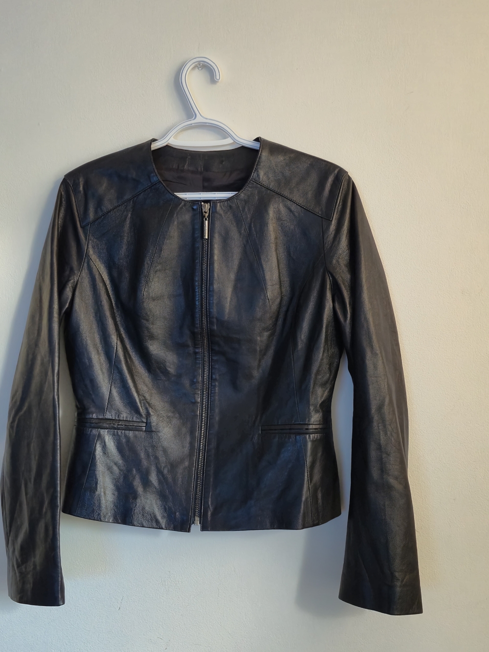 Autograph Marks & Spencer Black Genuine Leather Jacket UK 12 Collarless